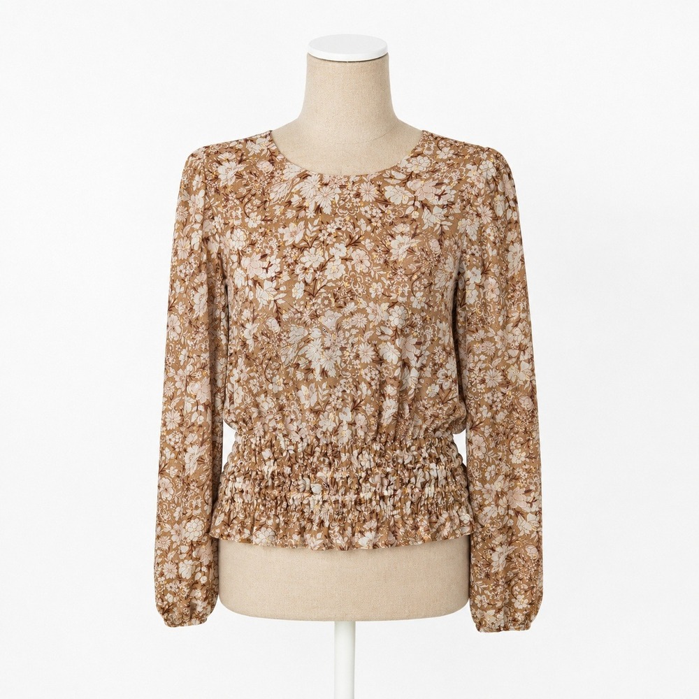 Floral Smocked Chiffon Long Sleeve Top Sz S Brown Boho Cottagecore Fairy Grunge